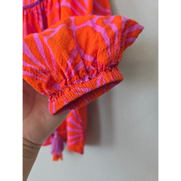 THML Boho Peasant Top Orange Pink Geometric Print Tassel Blouse Size M Statement - Picture 4 of 10